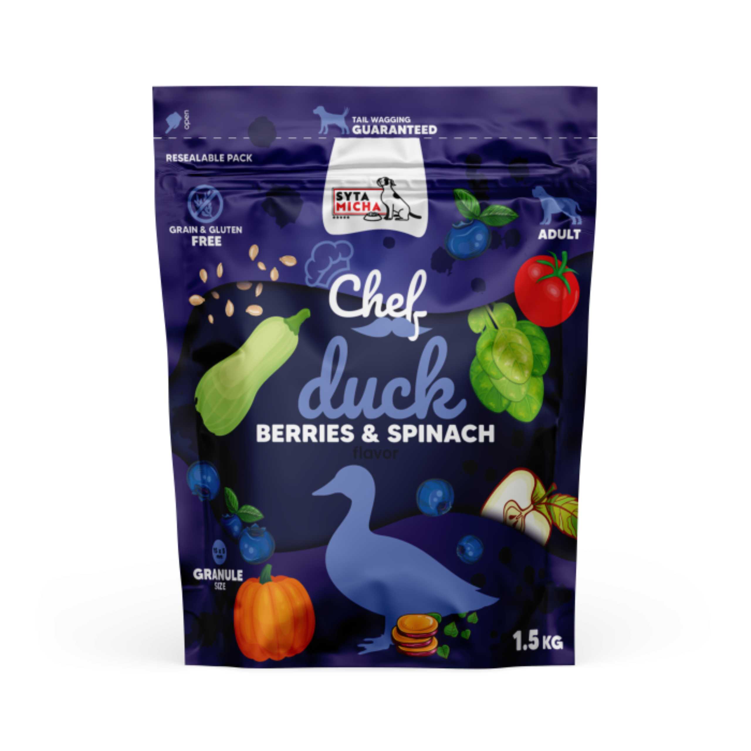 SYTA MICHA Karma sucha CHEF Kaczka z jagodami i szpinakiem 1,5 kg