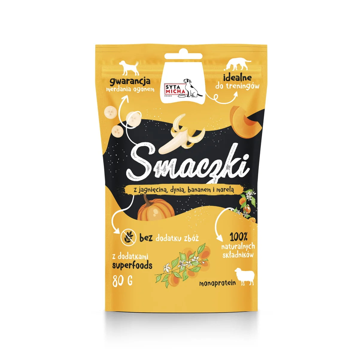 Smaczki z jagnięciną, dynią, bananem i morelą 80g